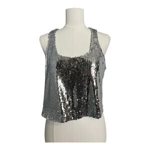 Silver Sequin Festival Top Shirt Blouse Concert Rave Punk Glam Glitz Club Tank M